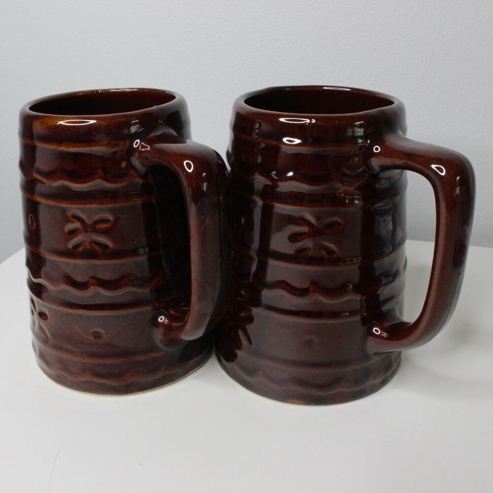 SET OF 2- VTG Marcrest Daisy Dot Brown Stoneware Beer Stein MUG Tankard USA